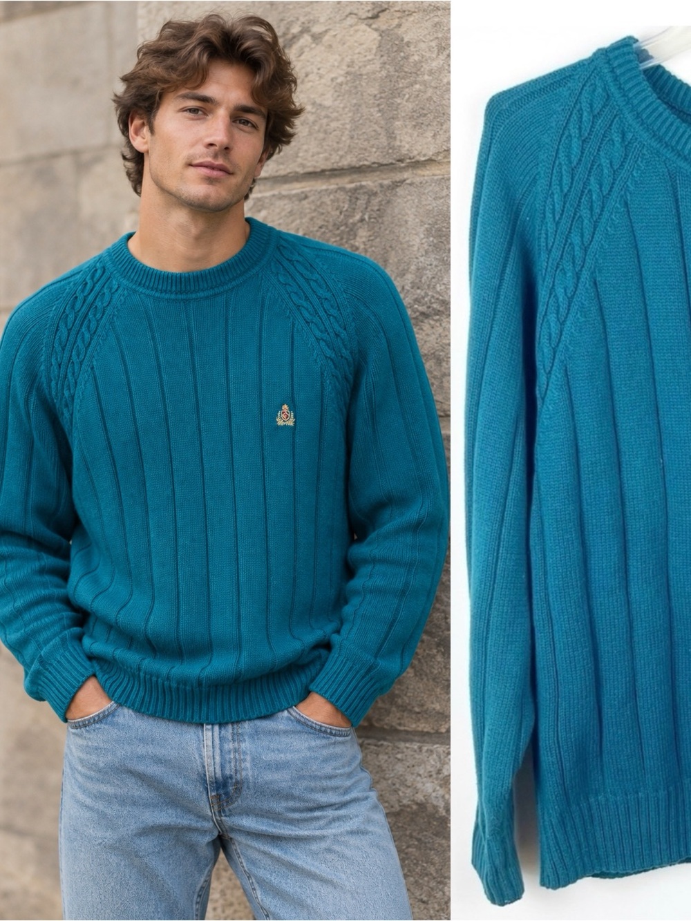 Vintage Gant Grandpa Sweater Cotton Cable Knit Crest Teal Green Fisherman Large